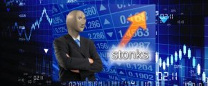 Meme "stonks" - grafia errada da palavra "stocks" (ações em inglês) representa uma comemoração de uma situação vitoriosa ou de vantagem.